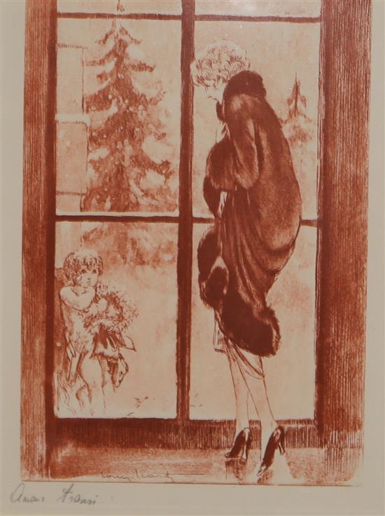 After Louis lcart Woman and cherub in winter 29 x 19.5cm
